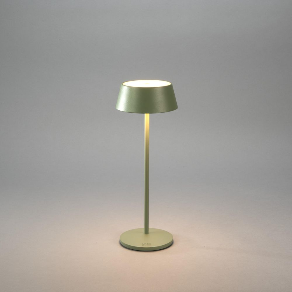 Eine grüne Tischlampe mit rundem Sockel und kegelförmigem Schirm steht auf grauem Grund.