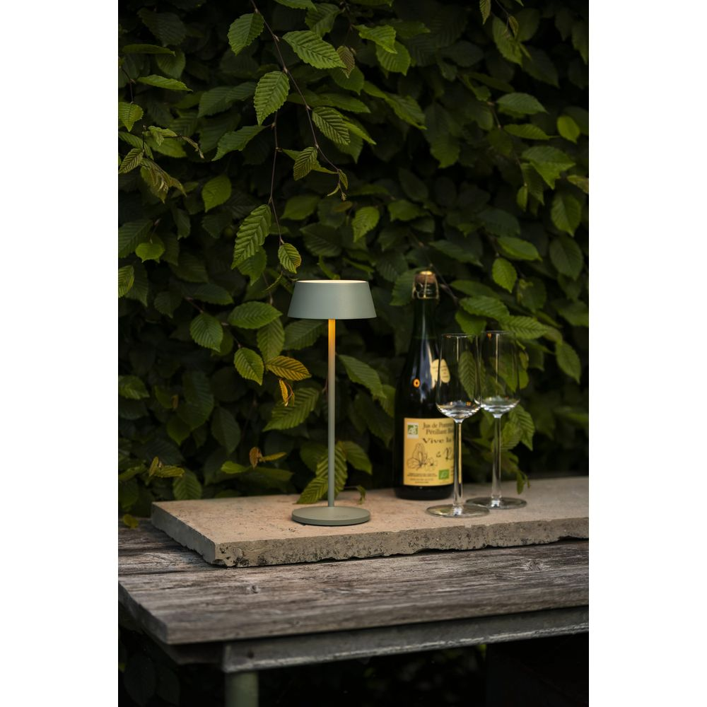 Eine graue Lampe, Flasche und zwei Weingläser stehen auf einem Steinsims vor grünem Laub.