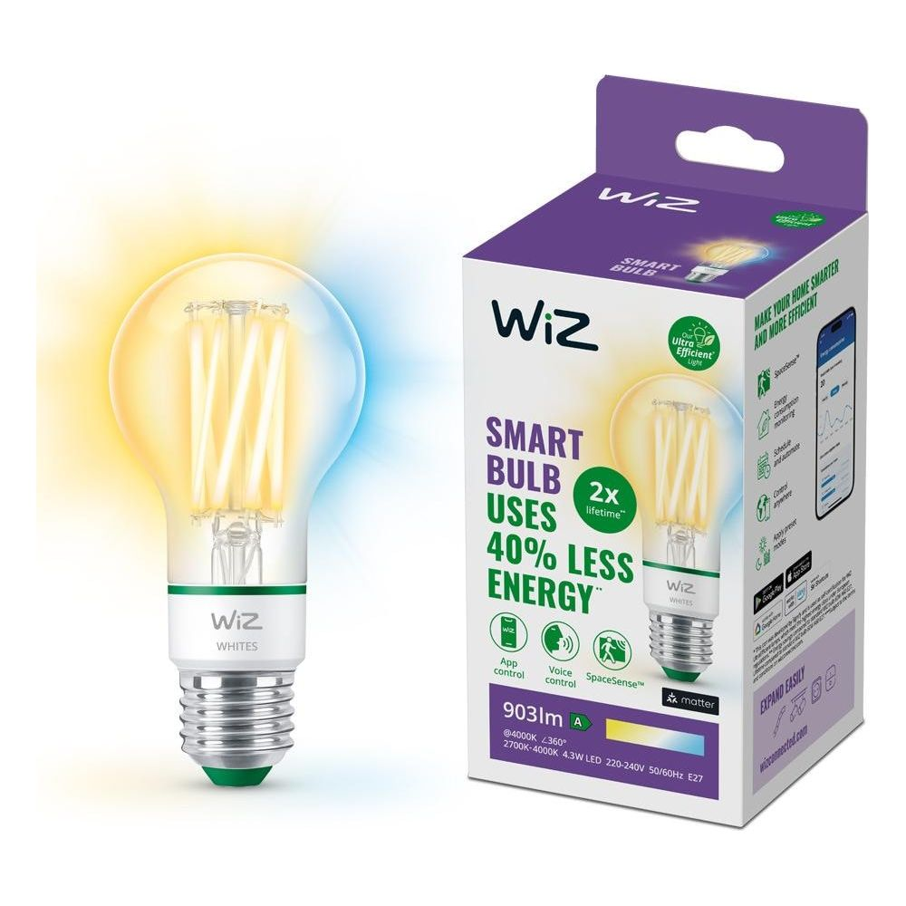 Inteligentna żarówka LED Wiz z podstawą E27 i jej opakowaniem.
