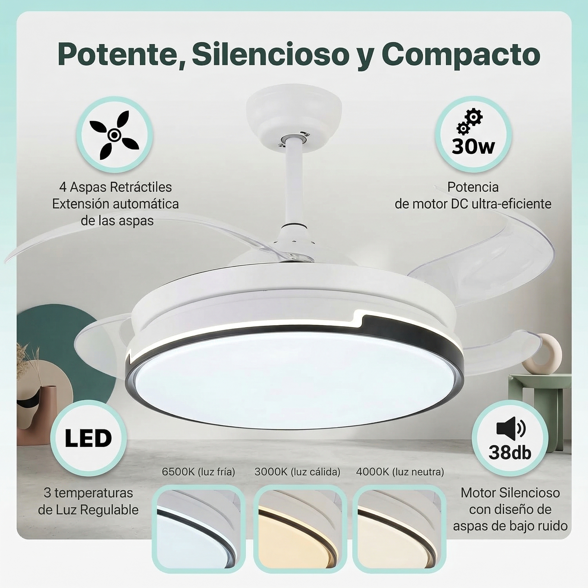 Un moderno ventilador de techo blanco con aspas retráctiles y luz LED.