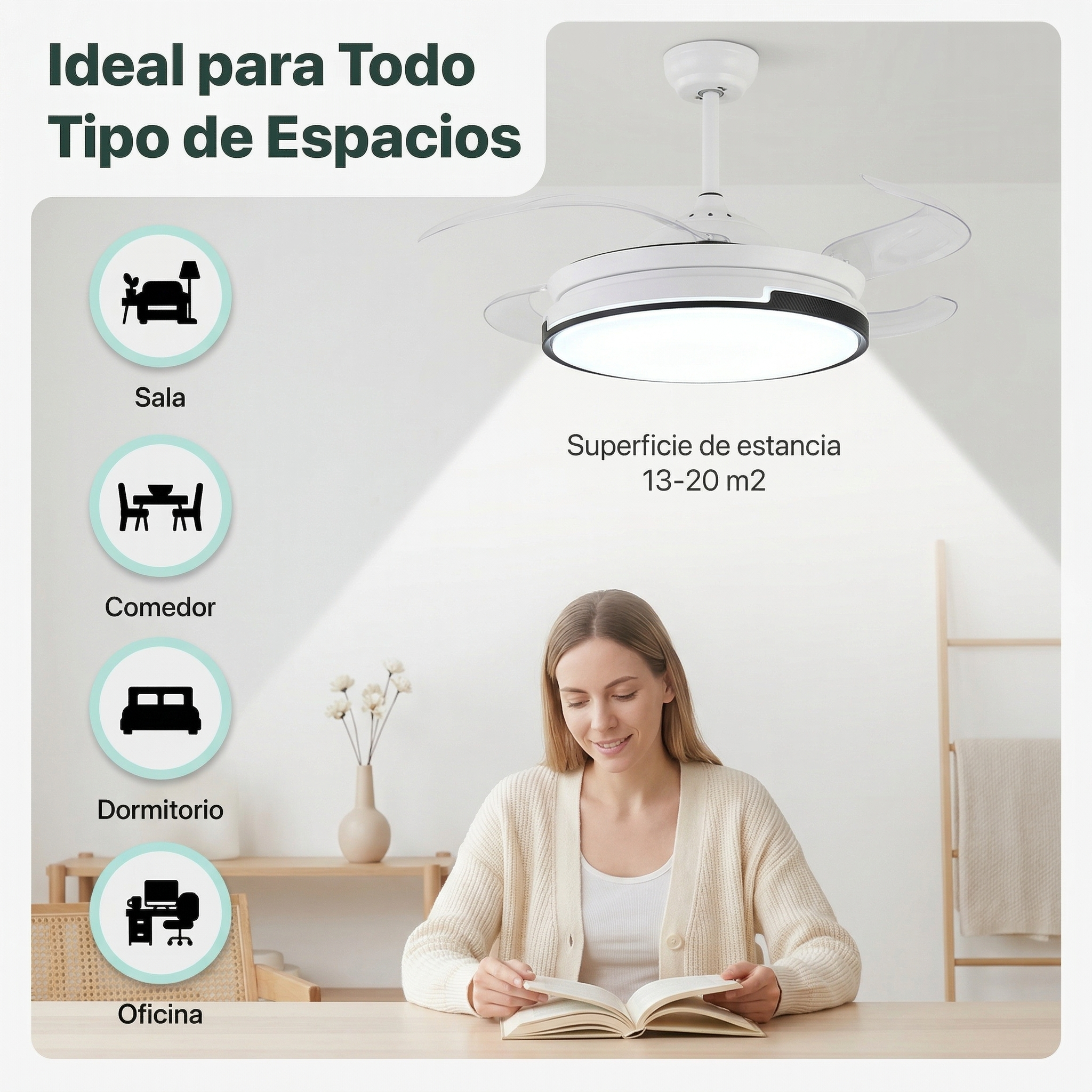Una mujer lee un libro, un ventilador de techo con luz sobre ella.