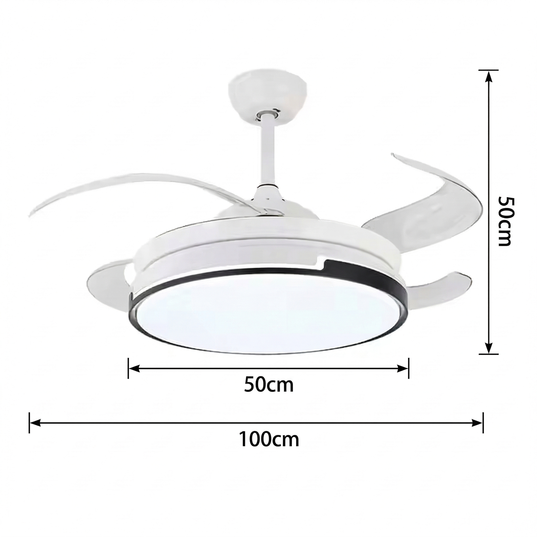 Un ventilador de techo blanco moderno con aspas retráctiles y luz LED.