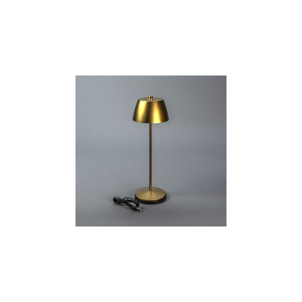 Eine goldene Tischlampe mit rundem Fuß und schwarzem Kabel auf grauem Hintergrund.