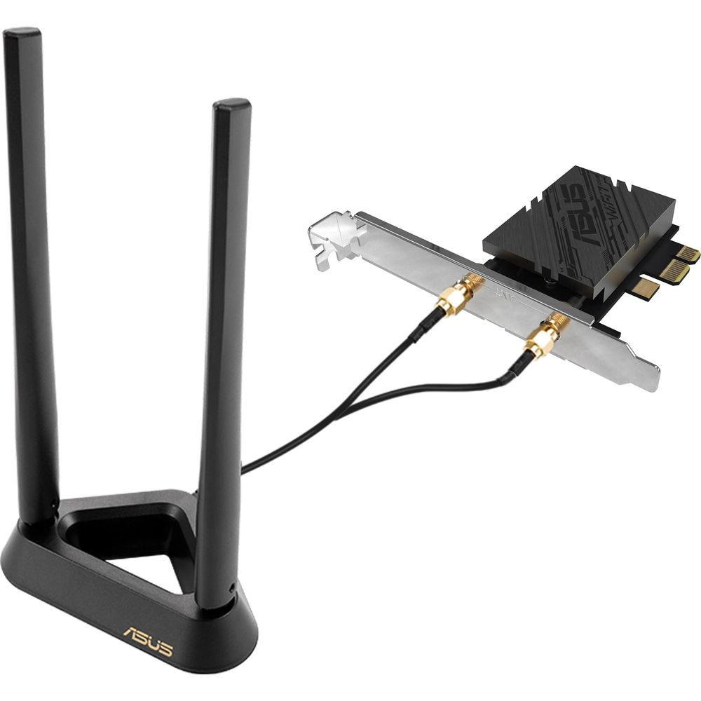 Un supporto per antenna nero con due antenne e una scheda Wi-Fi ASUS.