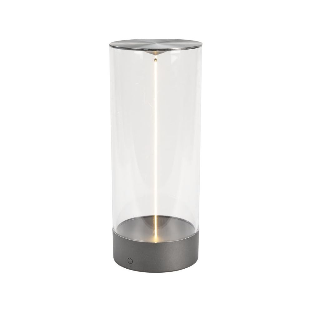 Eine zylindrische Lampe mit klarem Glas und dunklem Sockel.