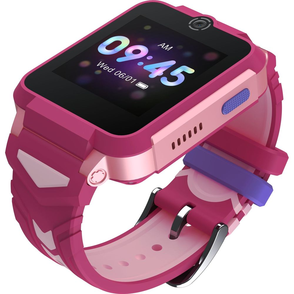Eine pinke Kinder Smartwatch mit digitaler Uhrzeitanzeige und Kameramodul.