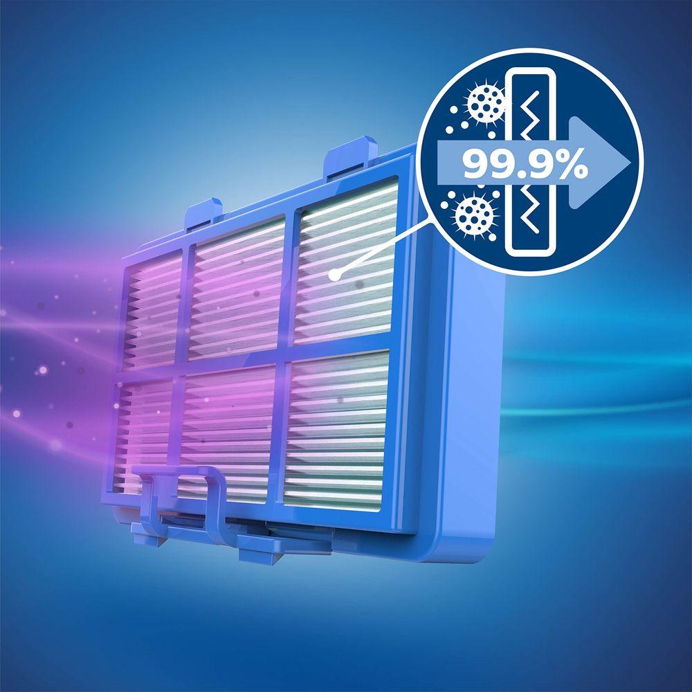 Ein blauer Luftfilter mit einem Symbol, das 99,9 % Bakterien entfernt.