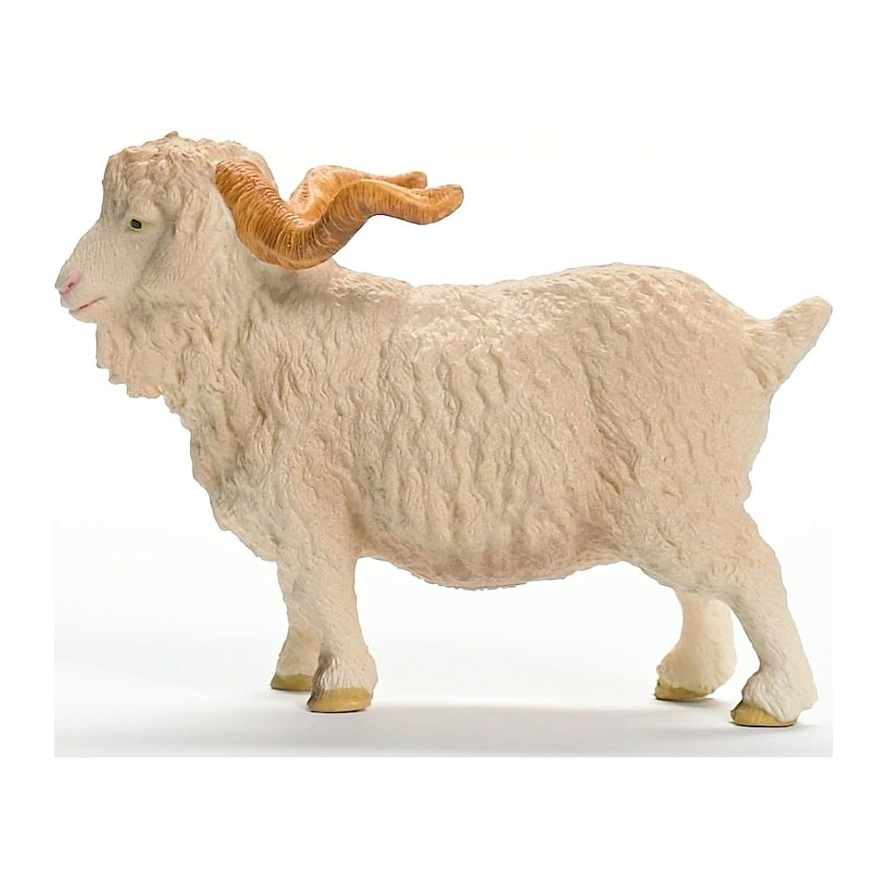Kremowy baran ze skręconymi rogami stoi na białym tle.