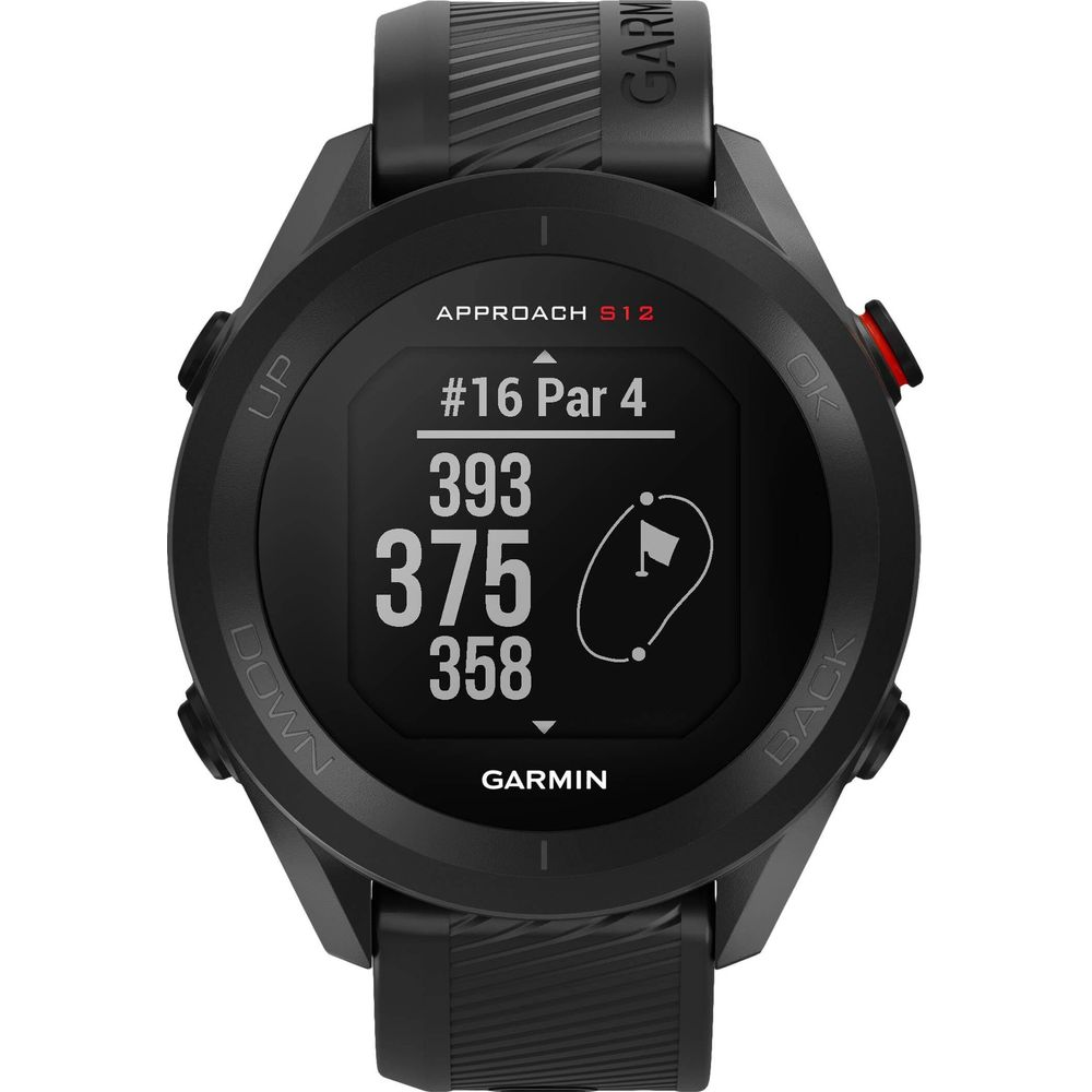 Czarny zegarek golfowy Garmin Approach S12 z wyświetlaczem: #16 Par 4, 393, 375, 358.