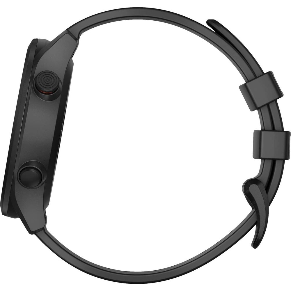 Czarny smartwatch z przyciskami bocznymi i paskiem.