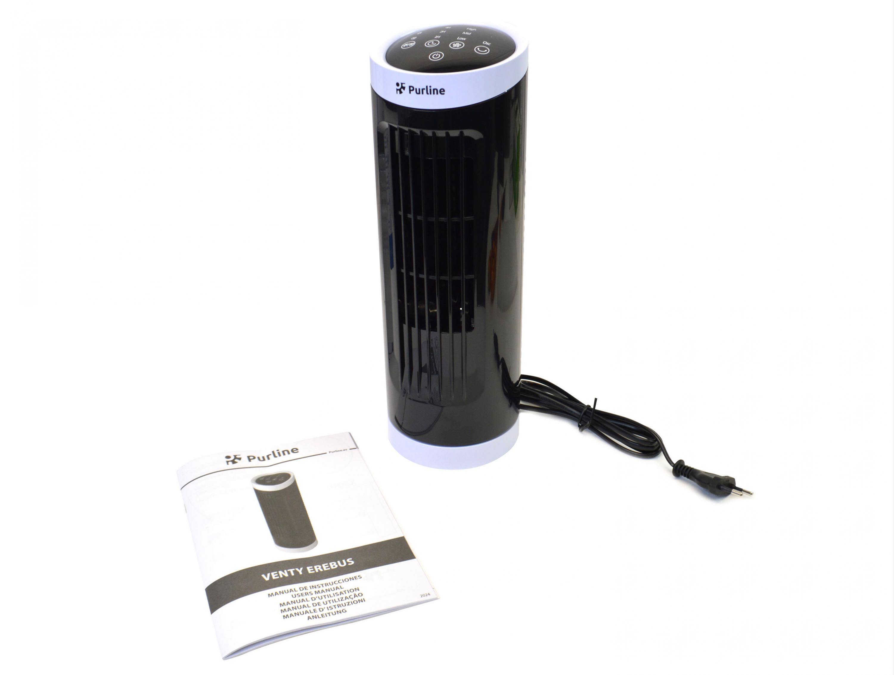 Un ventilador de torre negro Purline con su manual de usuario.