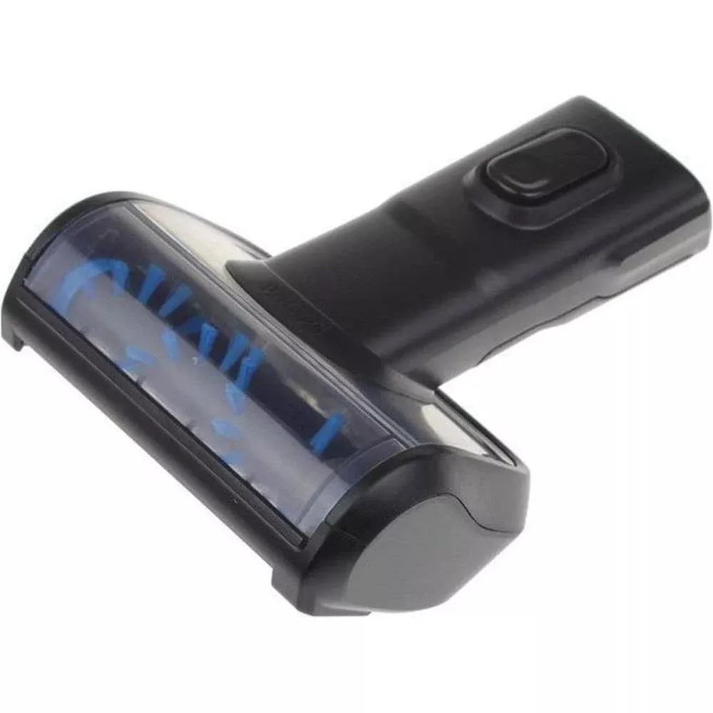 Czarna końcówka odkurzacza z przezroczystą obudową i niebieską szczotką.