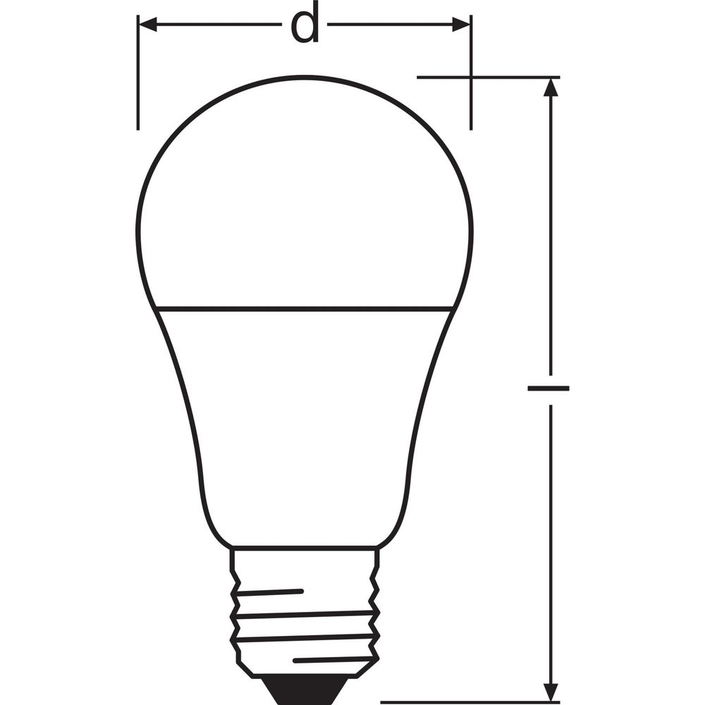 Disegno tecnico di una lampadina con dimensioni di diametro e altezza.