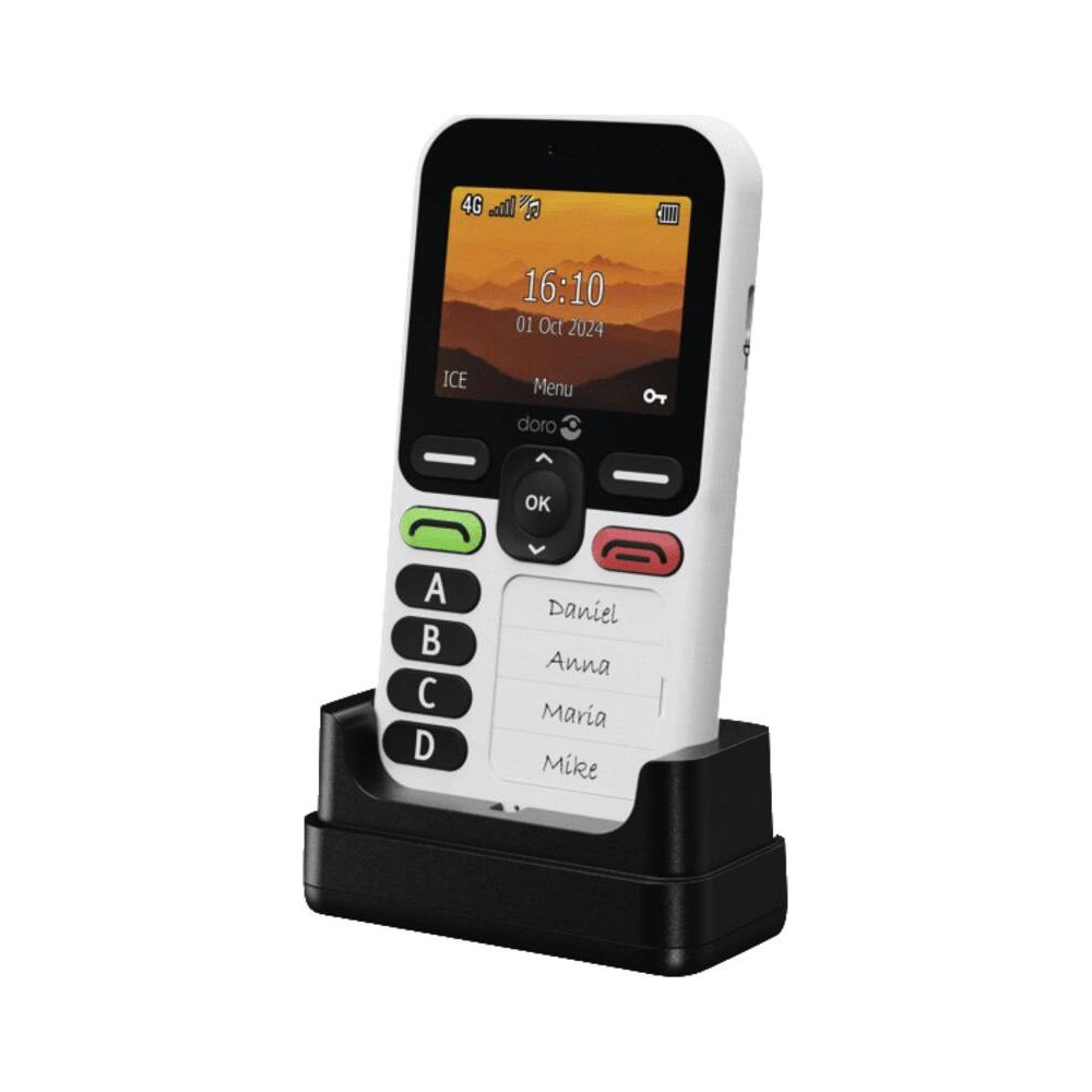 A white Doro phone with large buttons sits in a black charging dock.