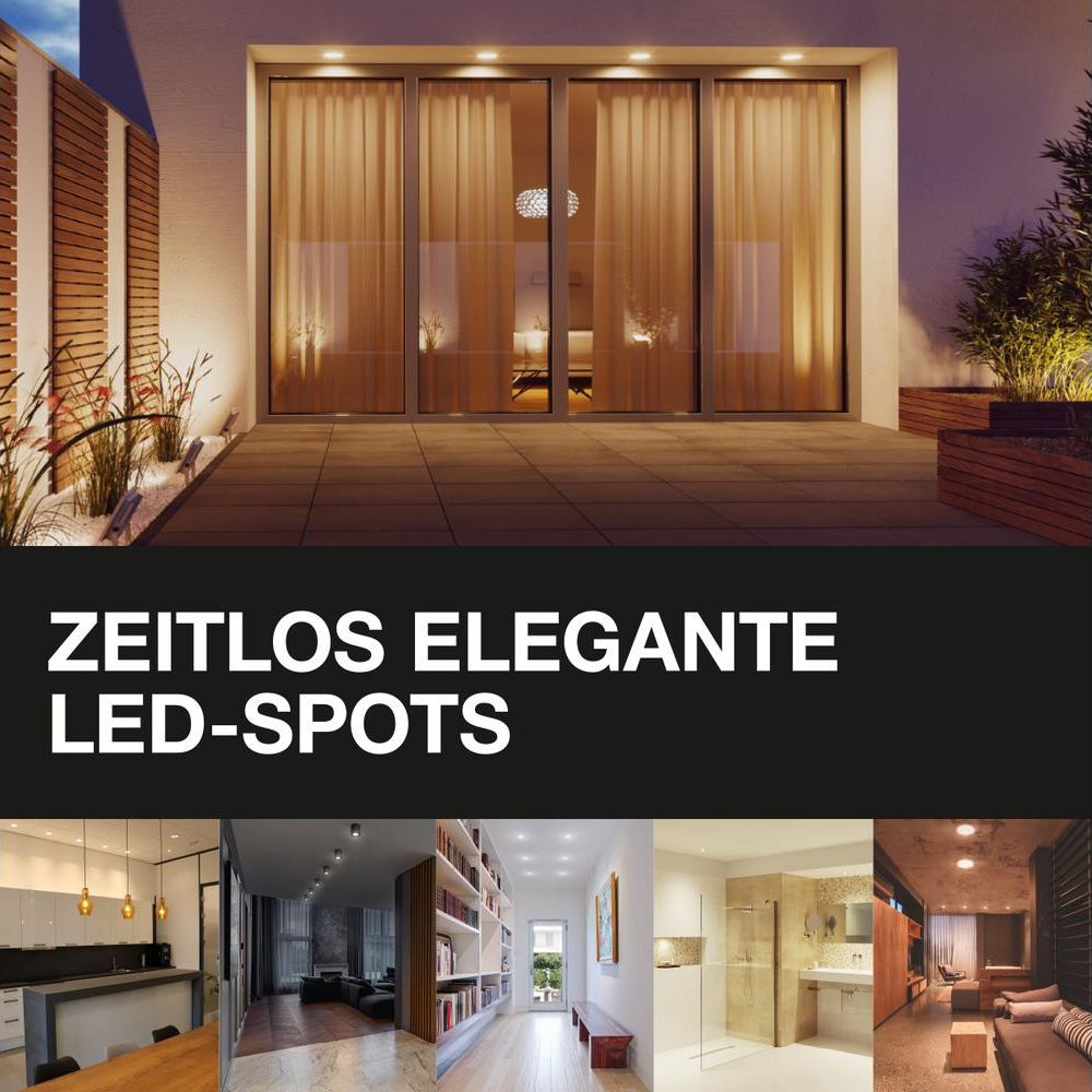 Éclairage de façade moderne avec spots LED devant une façade vitrée et des intérieurs.
