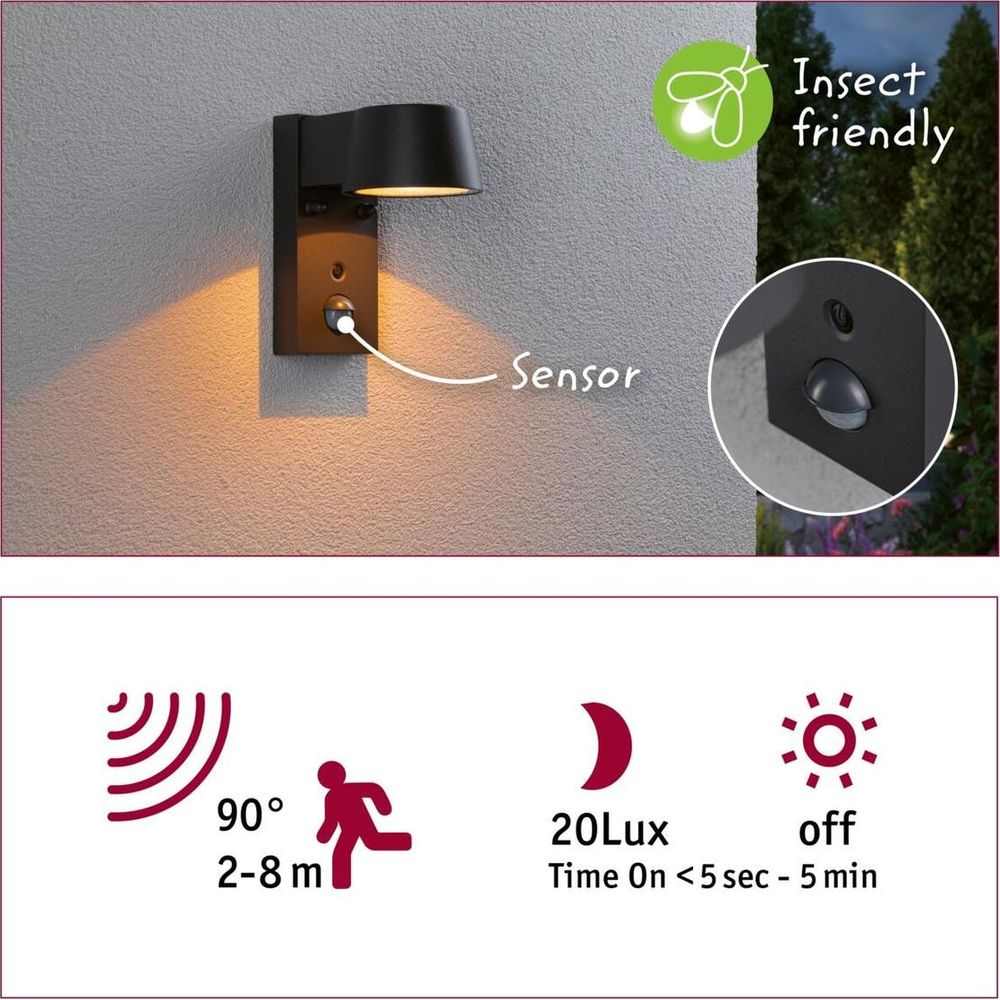 Czarna lampa ścienna z czujnikiem, przyjazna owadom. Detekcja 90°, 2-8m.