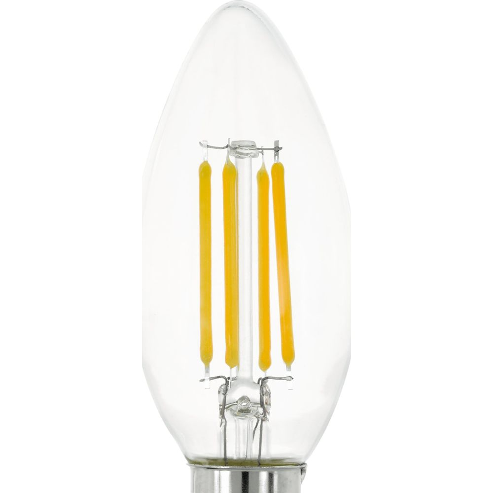 Nahaufnahme einer Klarlampe mit vier gelben LED-Fäden.