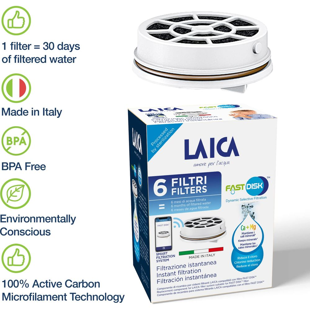 Set filtri acqua LAICA: 6 filtri, Made in Italy, senza BPA, carboni attivi.