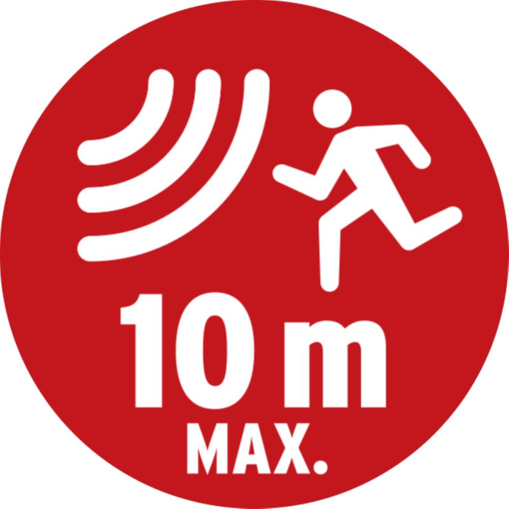 Symbole de portée 10m avec figurine qui court et ondes.