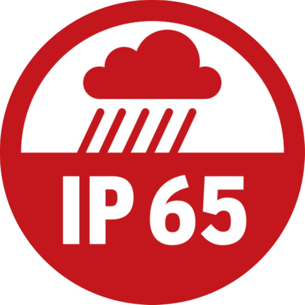 Symbole cercle rouge avec nuage, pluie et texte IP65.