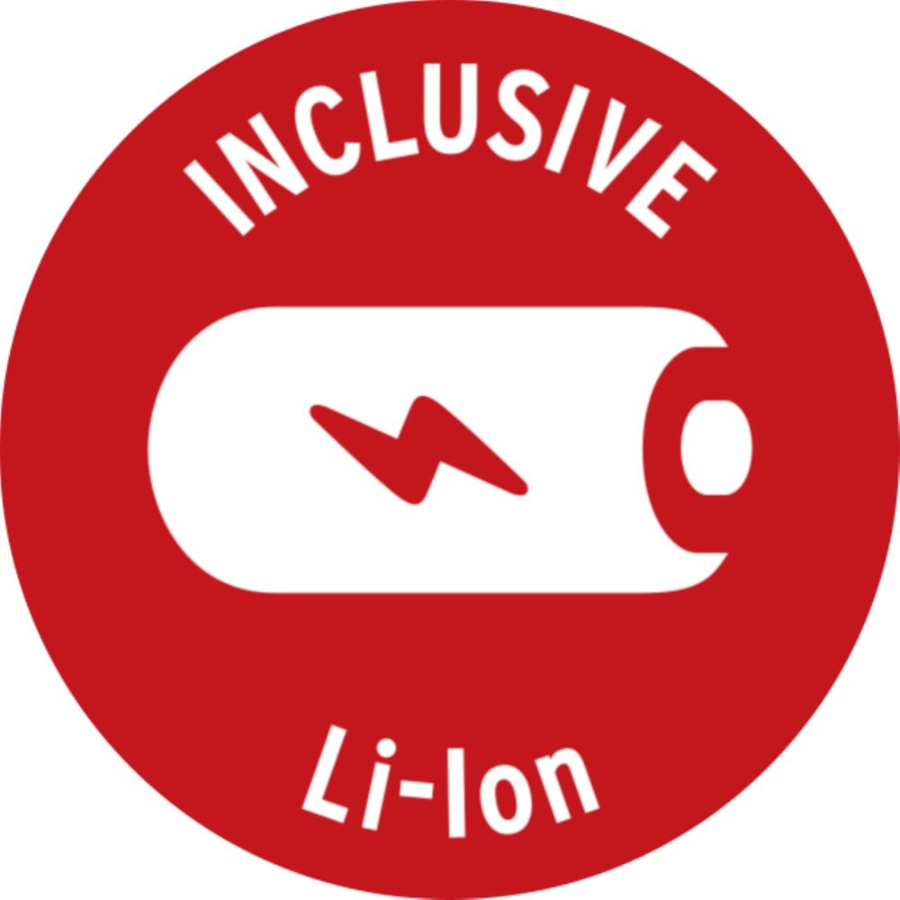 Symbole de batterie Li-ion inclusive sur cercle rouge.