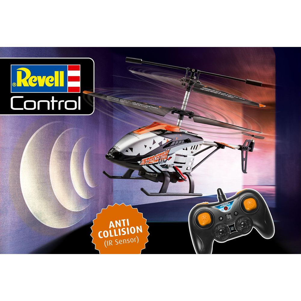 Ein ferngesteuerter Revell Hubschrauber mit Fernbedienung und Anti-Kollisions-Sensor.