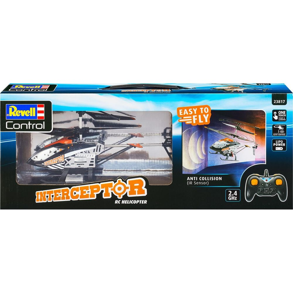 Revell Control Interceptor RC Helikopter mit Fernbedienung und Zubehör auf der Verpackung.