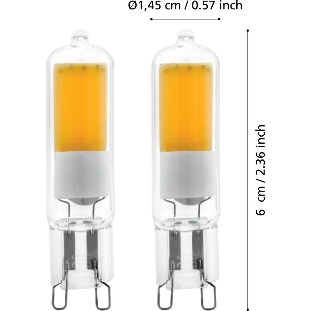 Deux ampoules LED G9 transparentes avec LED jaunes et base blanche sur fond blanc.