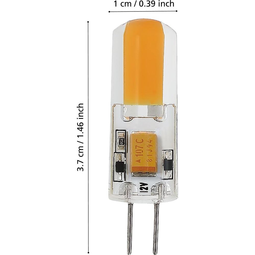 Une petite ampoule LED orange avec marquage 12V et mesures.