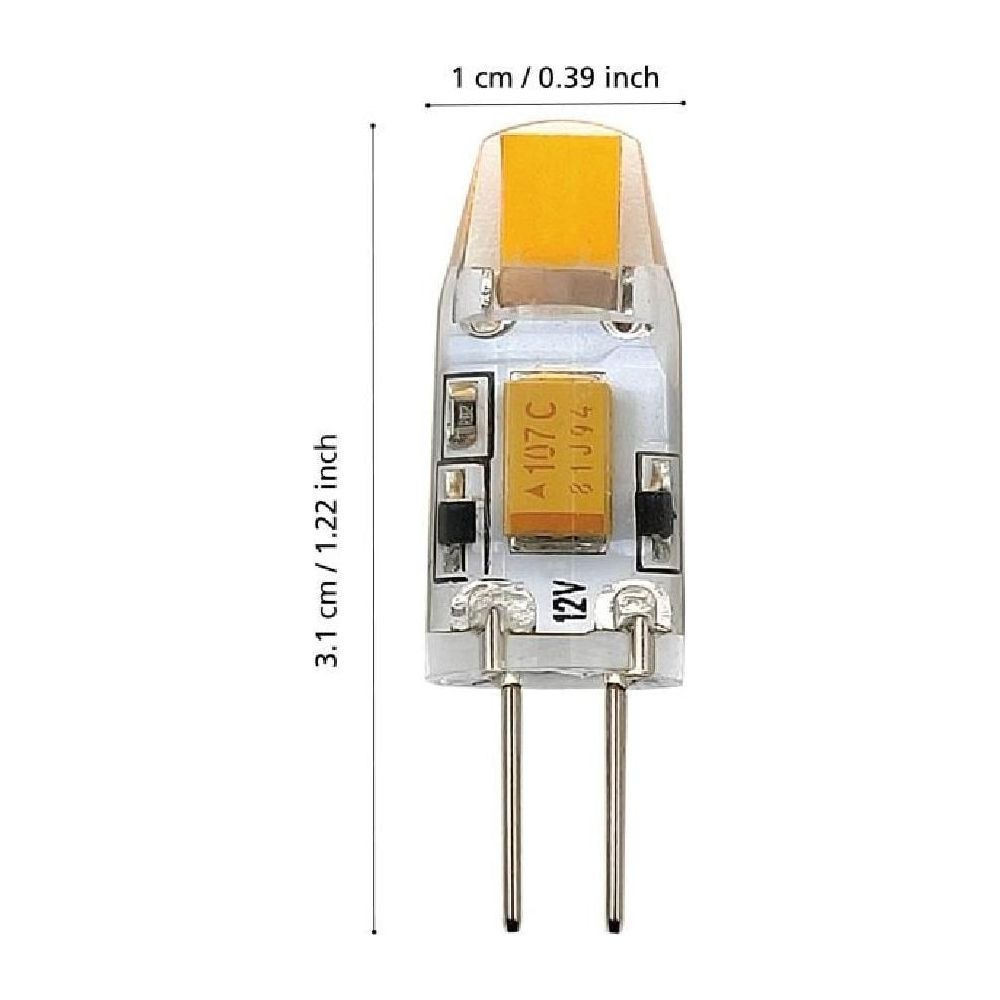 Une petite ampoule LED à lumière jaune, 3.1cm de long, 1cm de large.