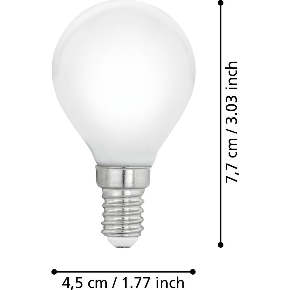 Eine matte Glühbirne mit Schraubgewinde, 7,7 cm hoch und 4,5 cm breit.