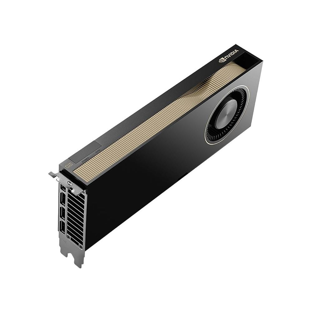 Czarna karta graficzna NVIDIA z wentylatorem i złotymi akcentami.