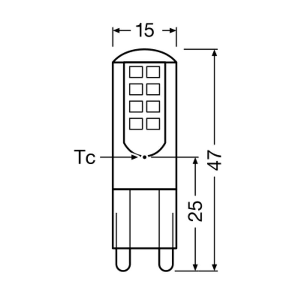 Rysunek techniczny lampy o wymiarach 15x47x25 mm.