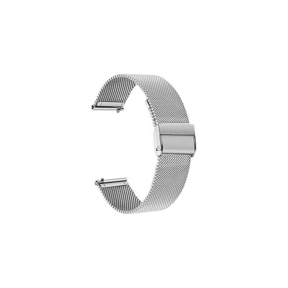 Silbernes Milanaise-Uhrenarmband mit Schließe, auf weißem Hintergrund.