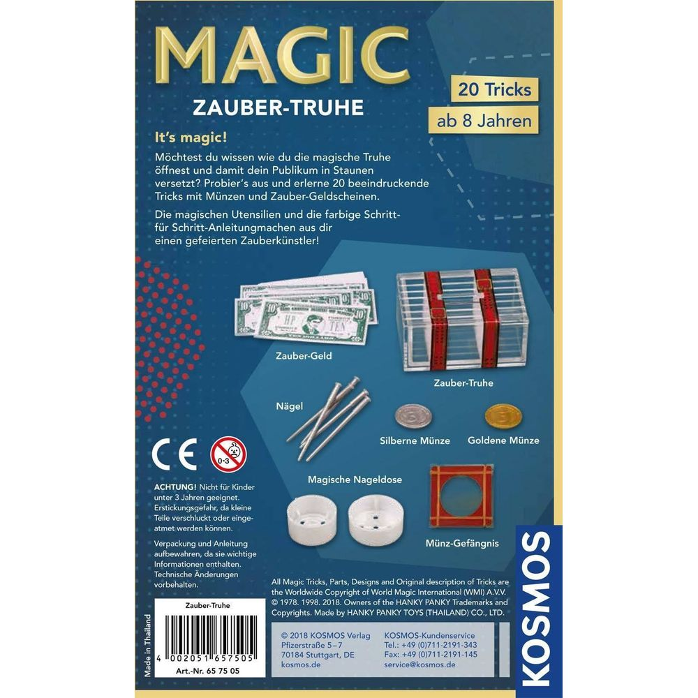 Boîte magique avec argent de jeu, clous, pièces et accessoires. Pour enfants dès 8 ans.