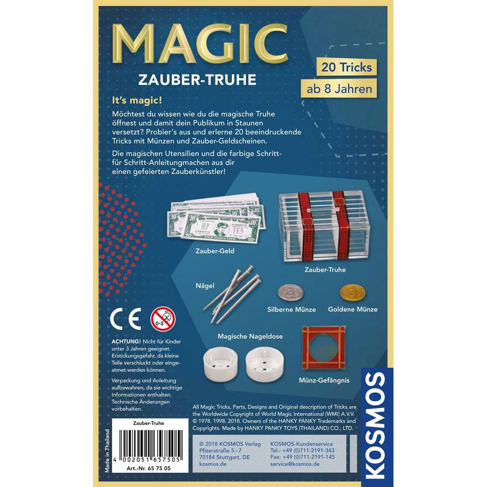 Boîte magique avec objets: argent, clous, pièces et une prison.