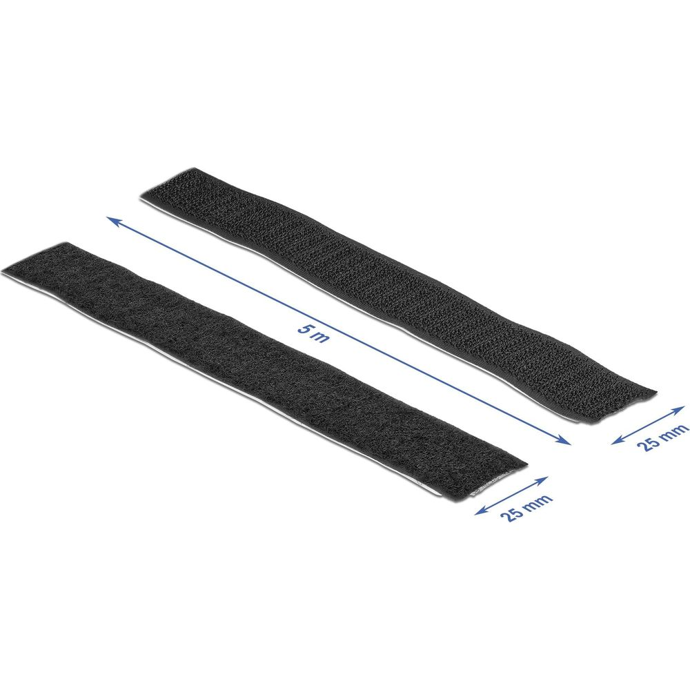 Dos tiras de velcro negras una al lado de la otra, 5m de largo, 25mm de ancho.