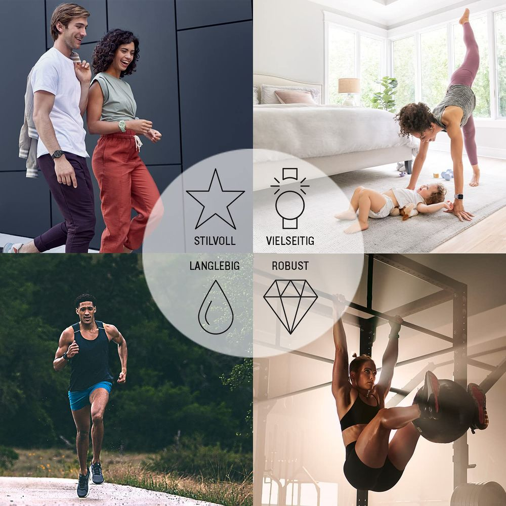 Cztery sceny: Para idąca, matka z dzieckiem, biegacz, kobieta ćwicząca.