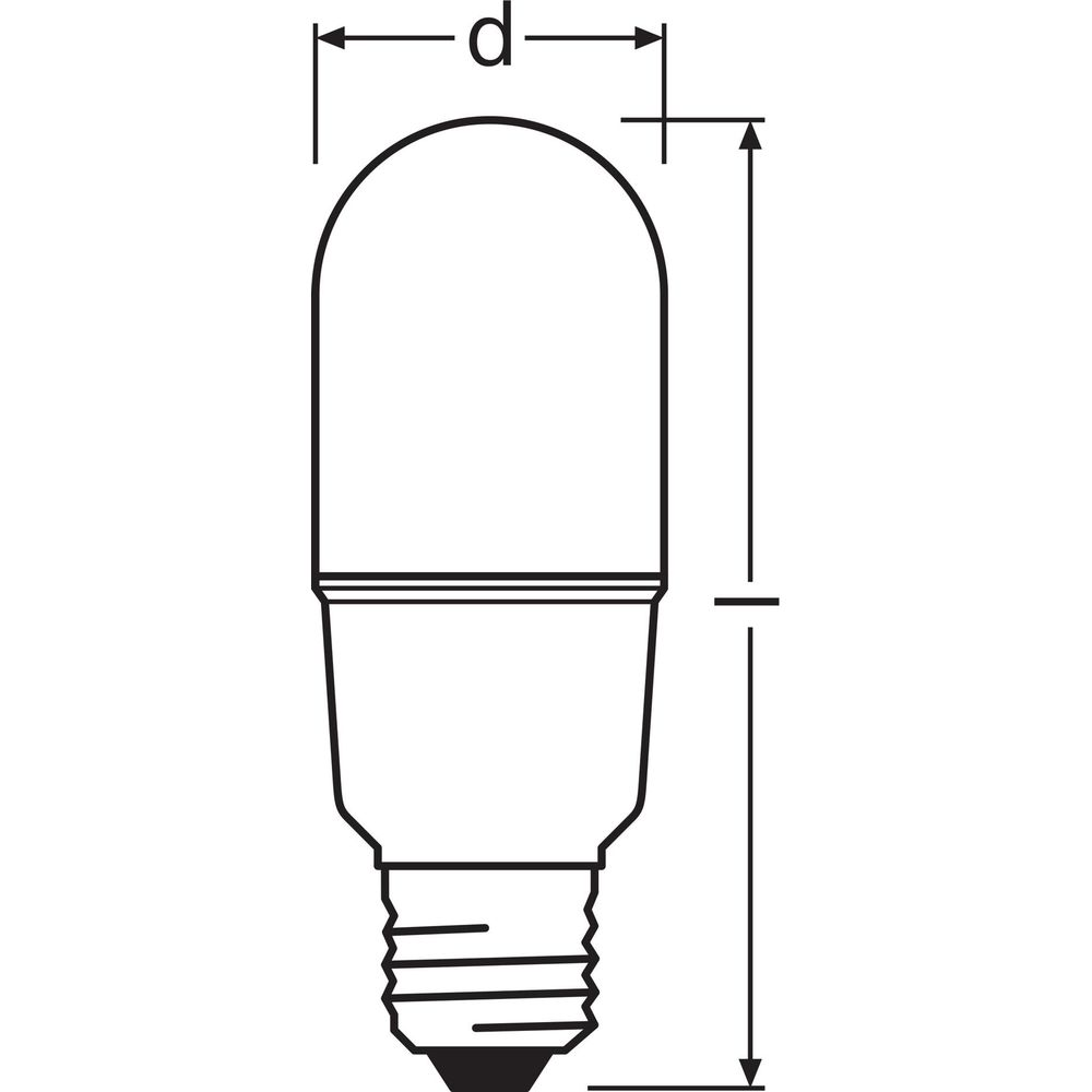 Rysunek techniczny żarówki z wymiarami d i wysokością.