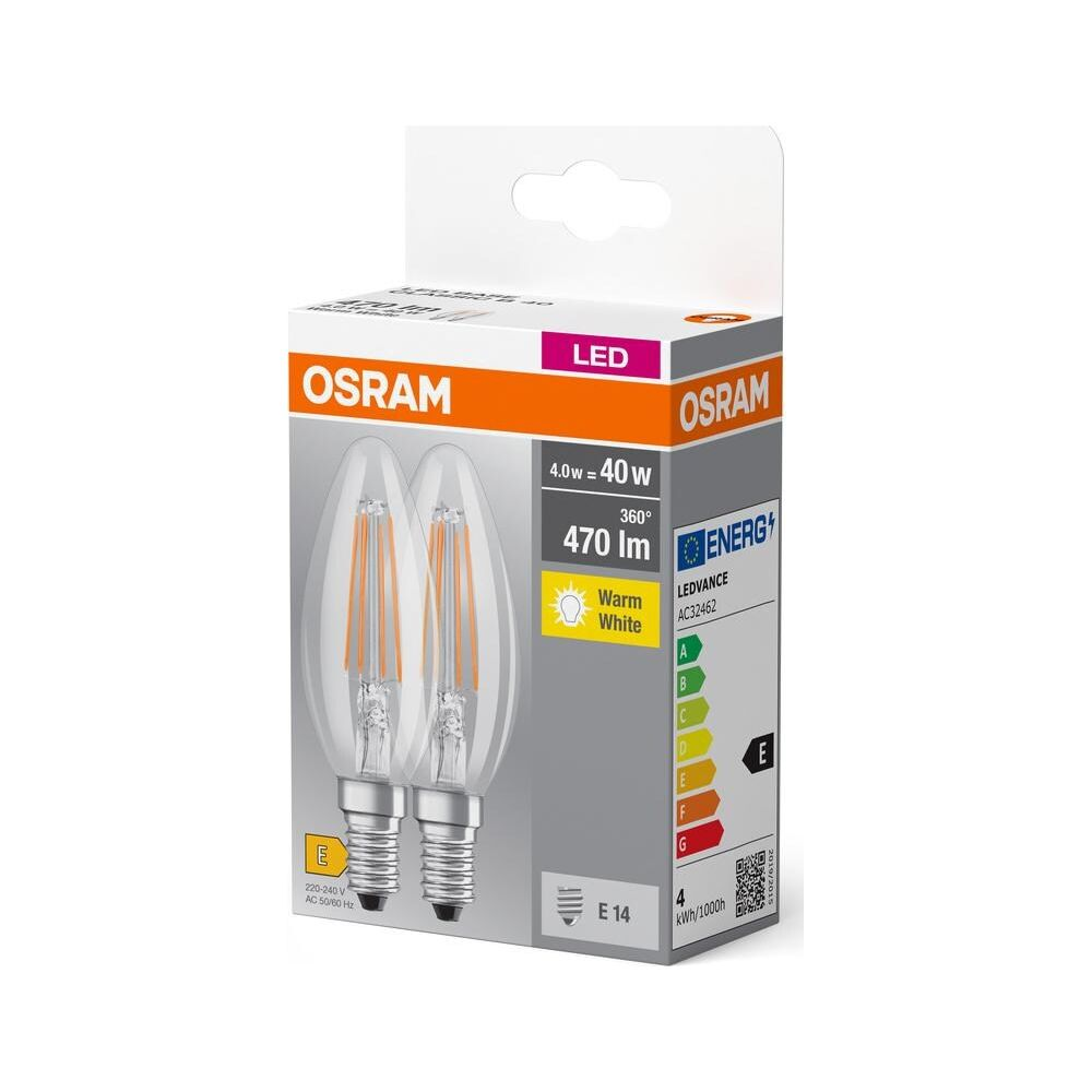 Żarówki LED Osram typu świeca, 2 szt., ciepła biel, trzonek E14, klasa E.