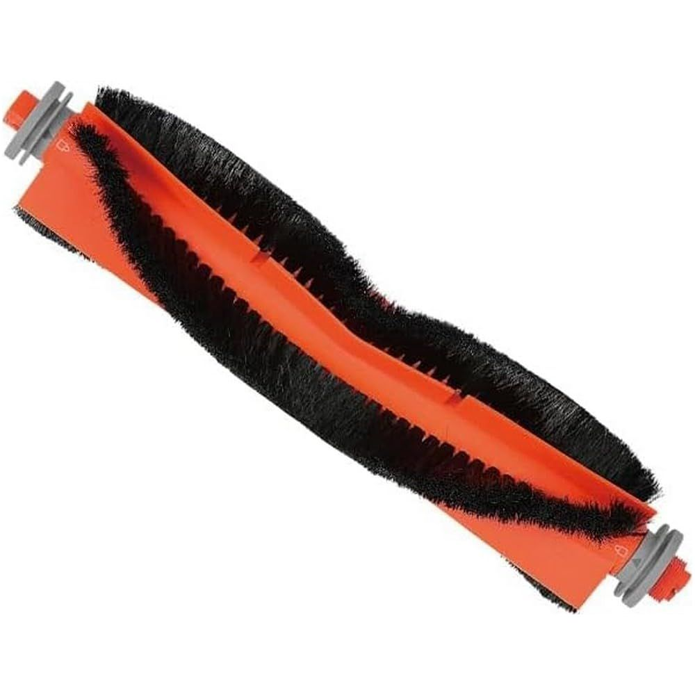 Een oranje stofzuigerborstel met zwarte borstels en grijze eindkappen.