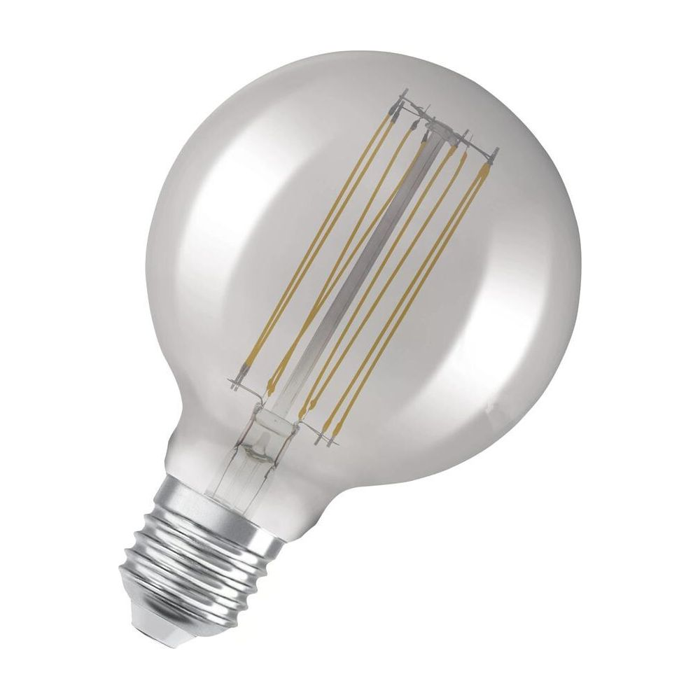 Une ampoule transparente avec filaments visibles sur fond blanc.