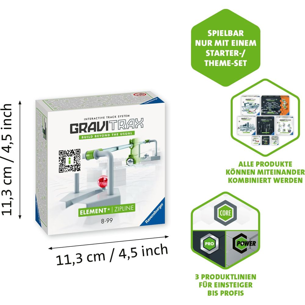 Set Gravitrax con elemento zipline, misure e informazioni sul prodotto.