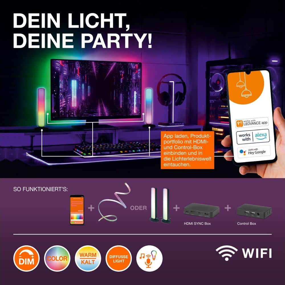 Una scrivania con illuminazione RGB, monitor, tastiera e telefono che mostra un'app.