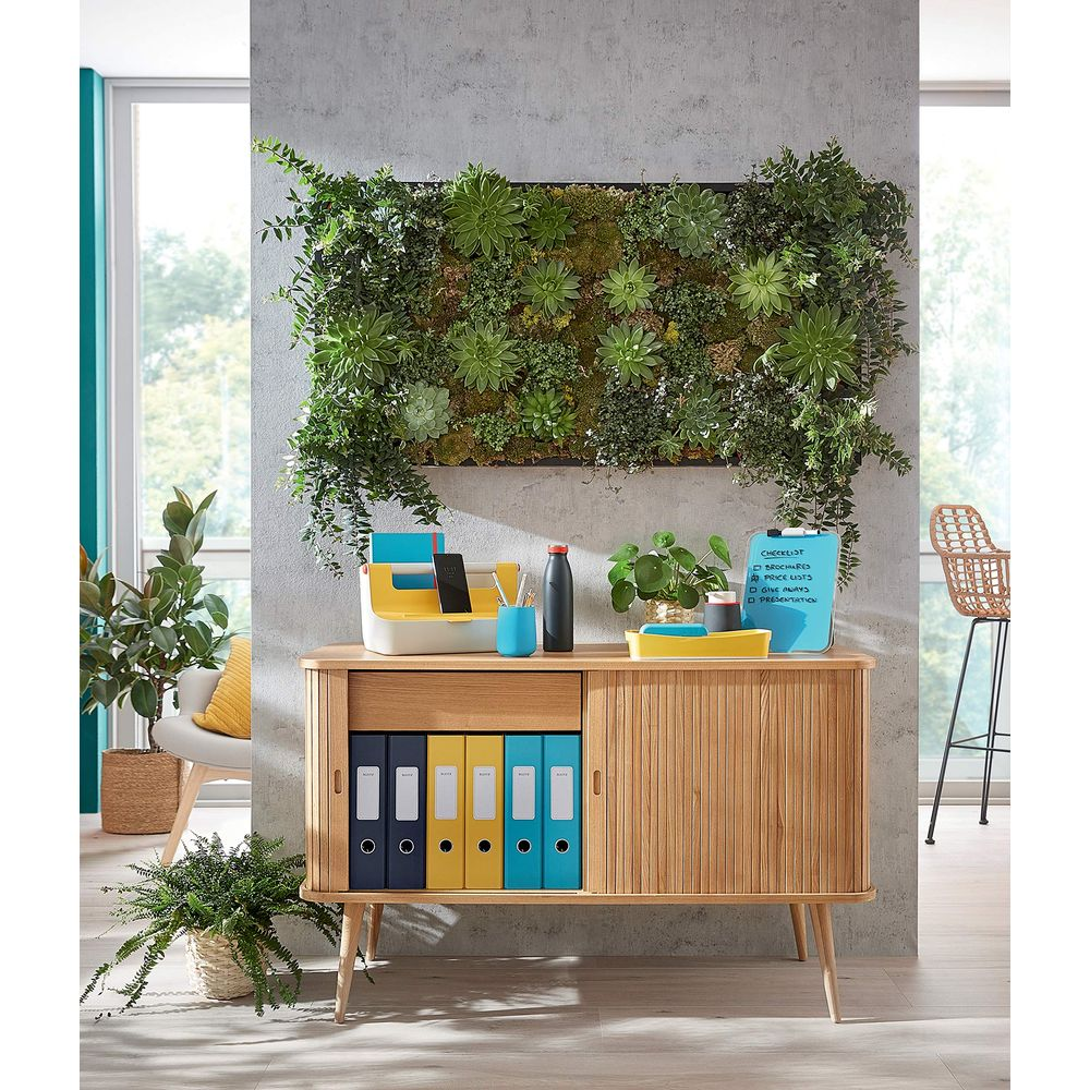 Drewniana szafka z roślinami, segregatorami i artykułami biurowymi.