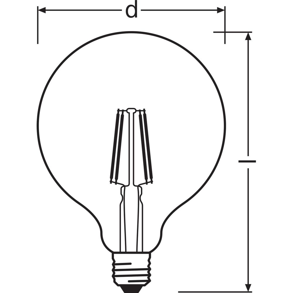 Rysunek techniczny okrągłej żarówki z wymiarami.