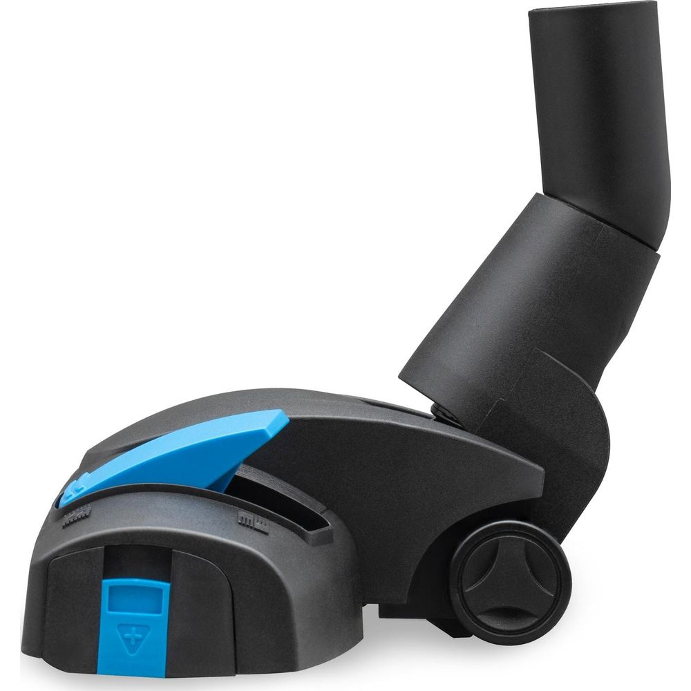 Schwarzer Saugaufsatz mit blauen Akzenten, Rädern und einem verstellbaren Griff.