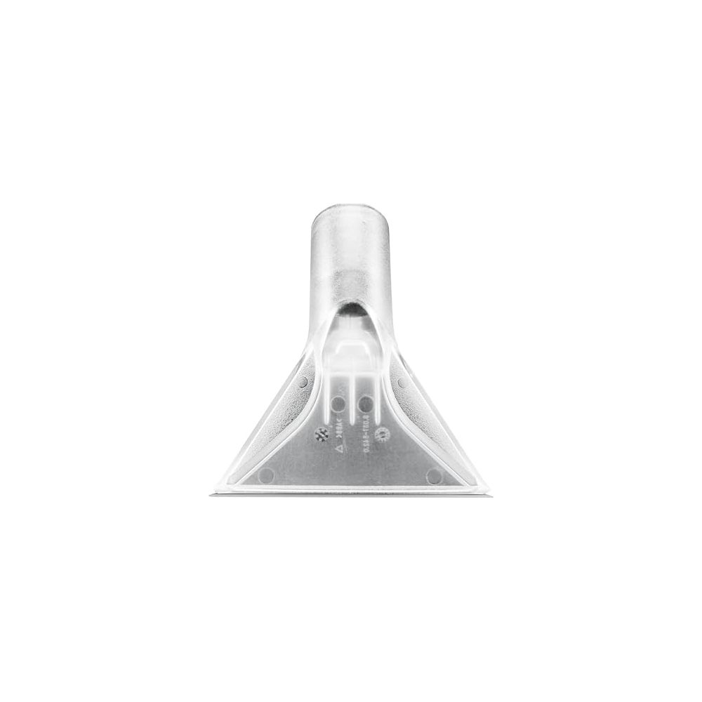 Una boquilla triangular transparente con un conector cilíndrico.