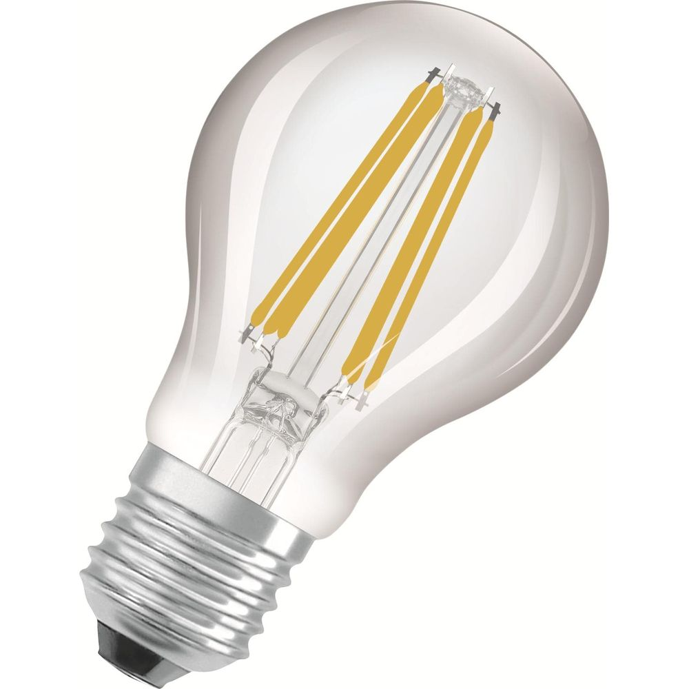 Una lampadina trasparente con filamenti LED gialli visibili e base filettata argentata.
