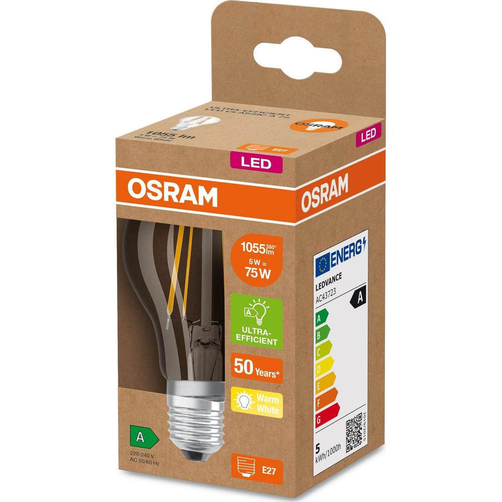 Lampadina LED OSRAM in scatola con etichetta energetica e 1055 lumen.